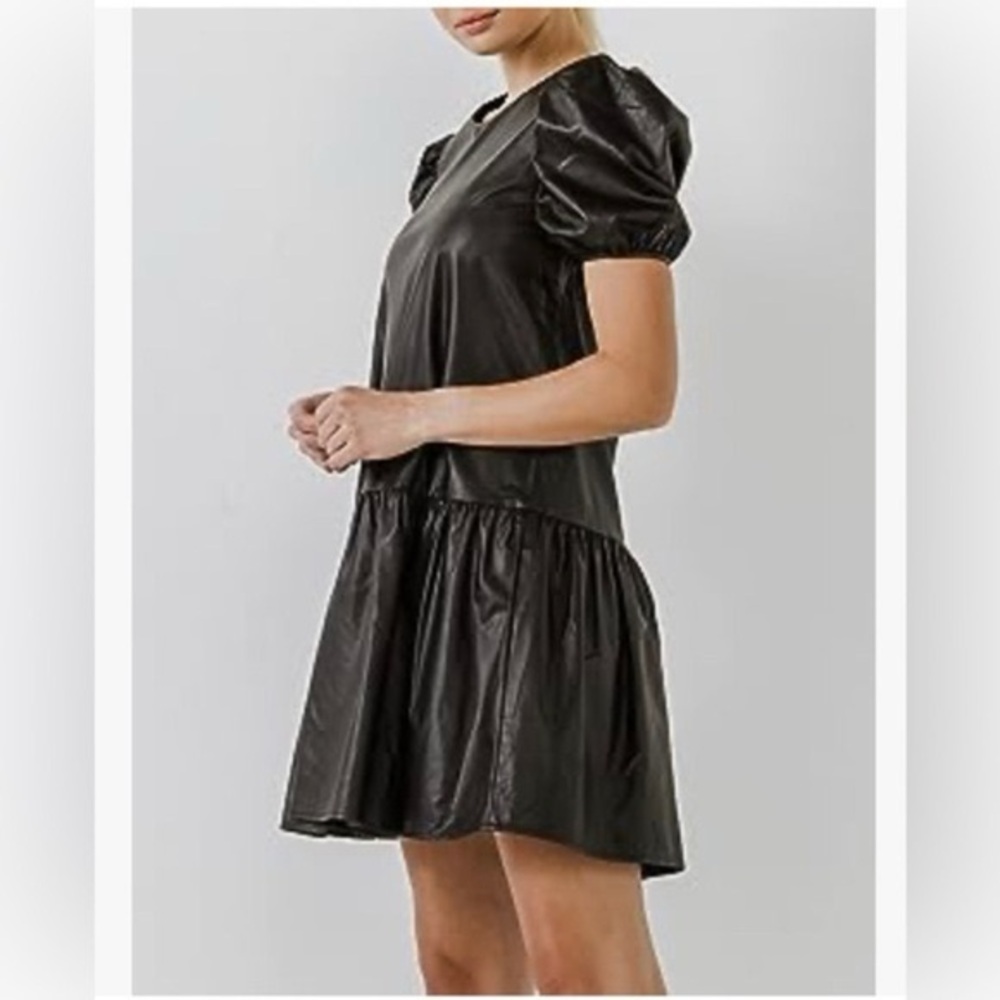 NWT English Factory Black Faux Leather Puff Sleeve Dress